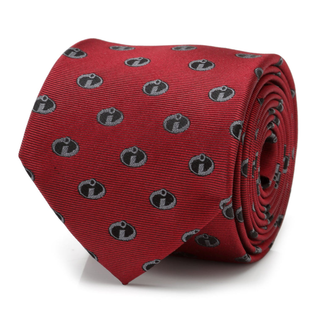 A deep crimson red silk necktie featuring the black and gray Incredibles logo pattern.