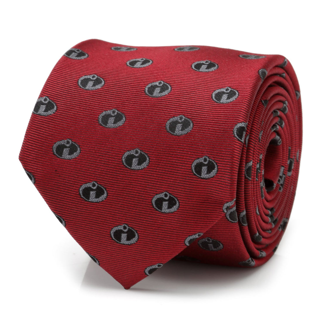 A deep crimson red silk necktie featuring the black and gray Incredibles logo pattern.