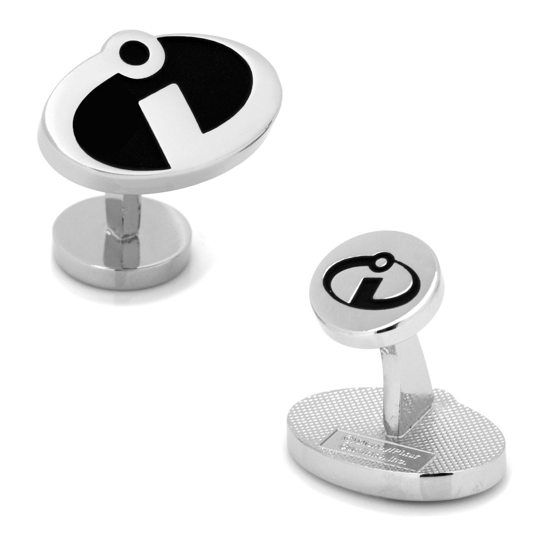 Disney Pixar The Incredibles logo cufflinks in black matte finish on a white background