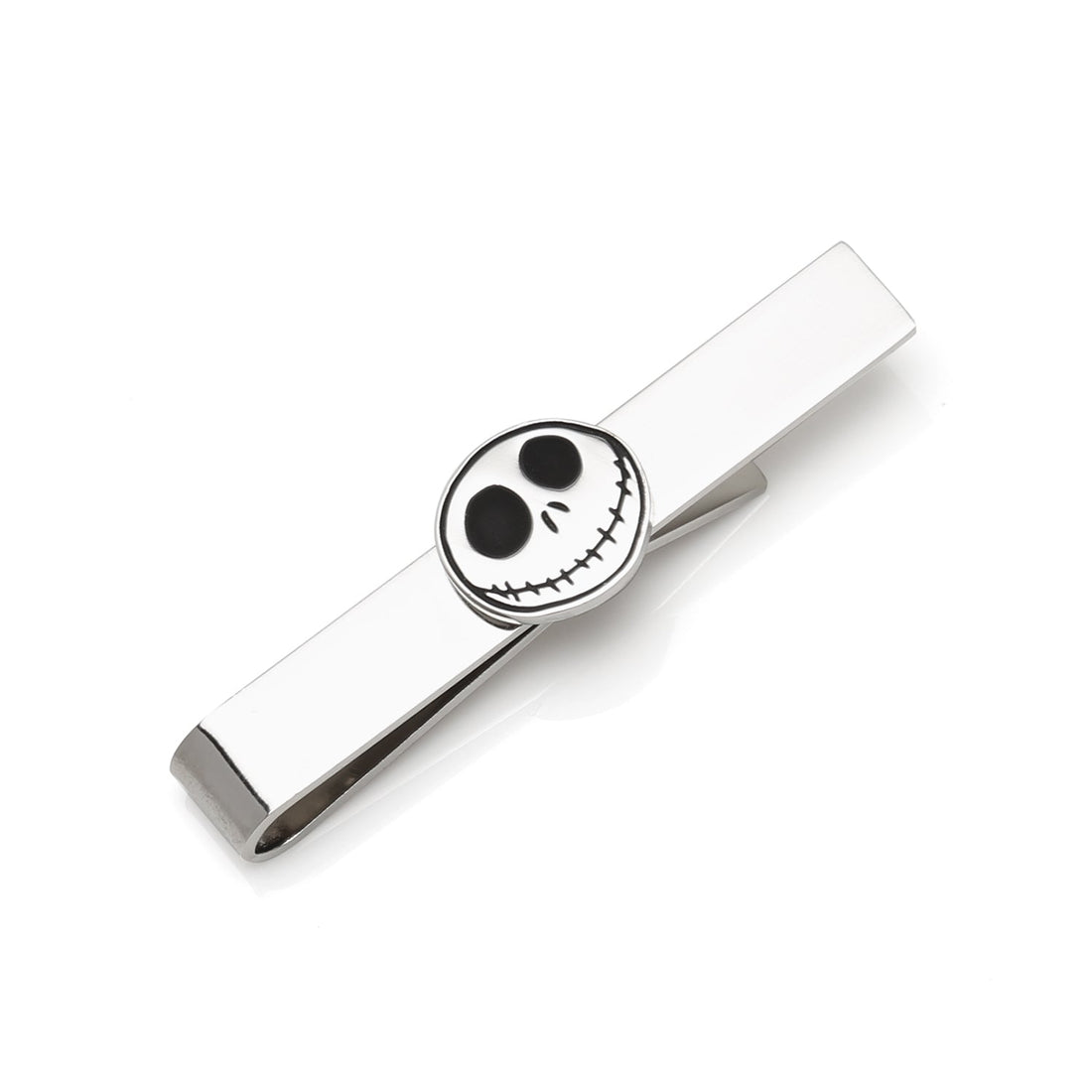 Silver tie bar featuring a circular enamel Jack Skellington face emblem from The Nightmare Before Christmas