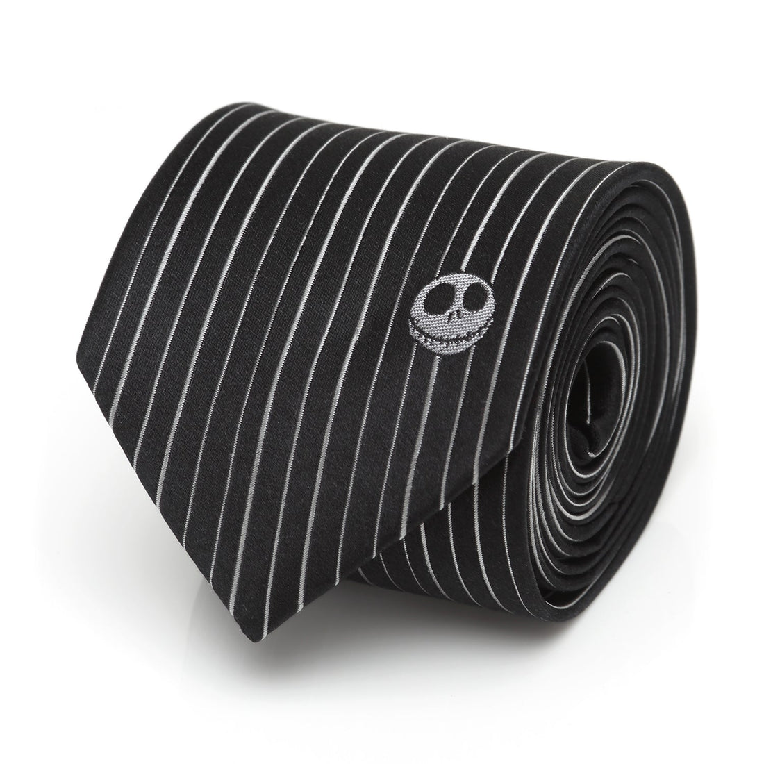 Men's black and white pinstriped tie featuring a small Jack Skellington embroidered detail