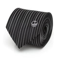 Men's black and white pinstriped tie featuring a small Jack Skellington embroidered detail