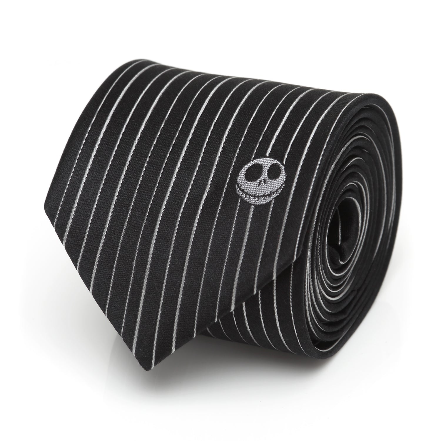 Men's black and white pinstriped tie featuring a small Jack Skellington embroidered detail