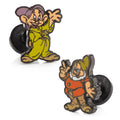 Close up of Disney Snow White Dopey and Doc enamel character cufflinks with black plating