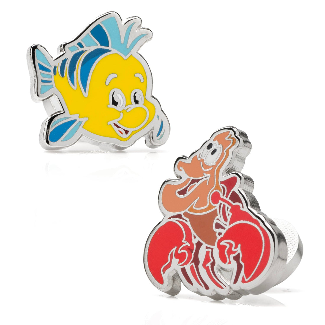 Disney The Little Mermaid Flounder and Sebastian enamel cufflinks on a white background