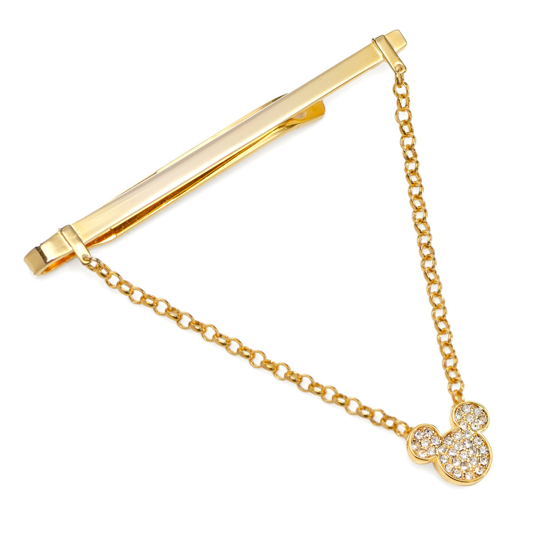 A gold-tone tie bar with an attached chain and a crystal-encrusted Mickey Mouse head icon.