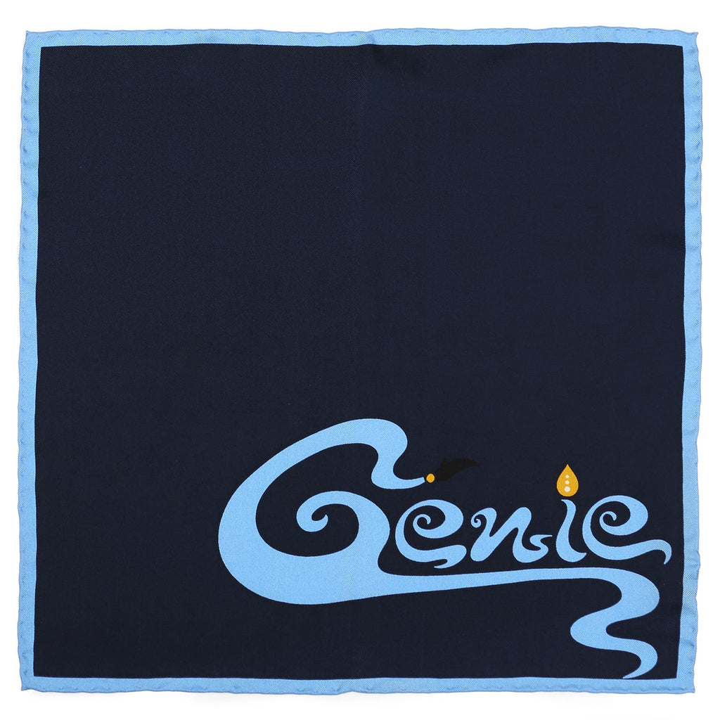 Disney Aladdin Genie pocket square in navy with azure blue Genie logo and border.