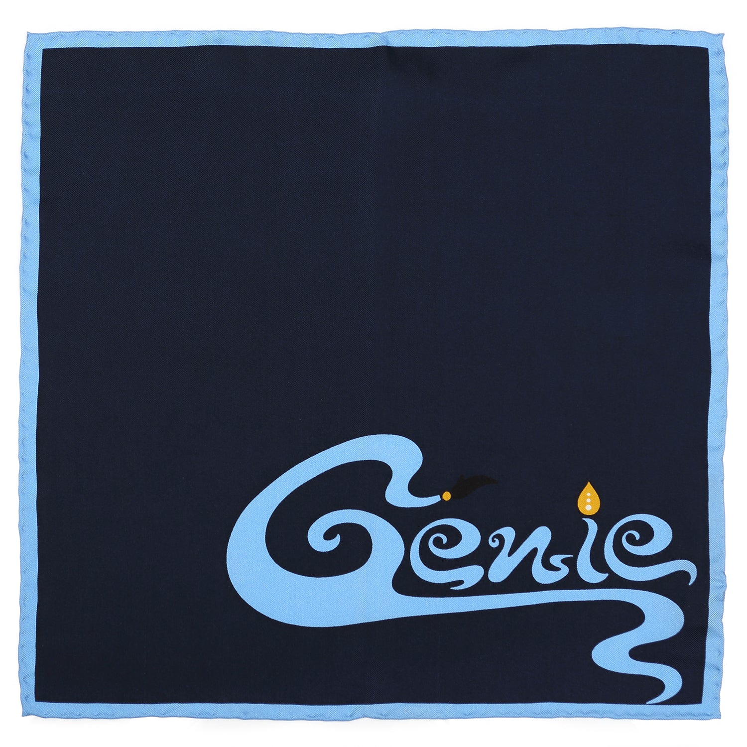 Disney Aladdin Genie pocket square in navy with azure blue Genie logo and border.