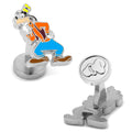 Close up view of Disney Goofy character cufflinks with silver-tone fixed backing.