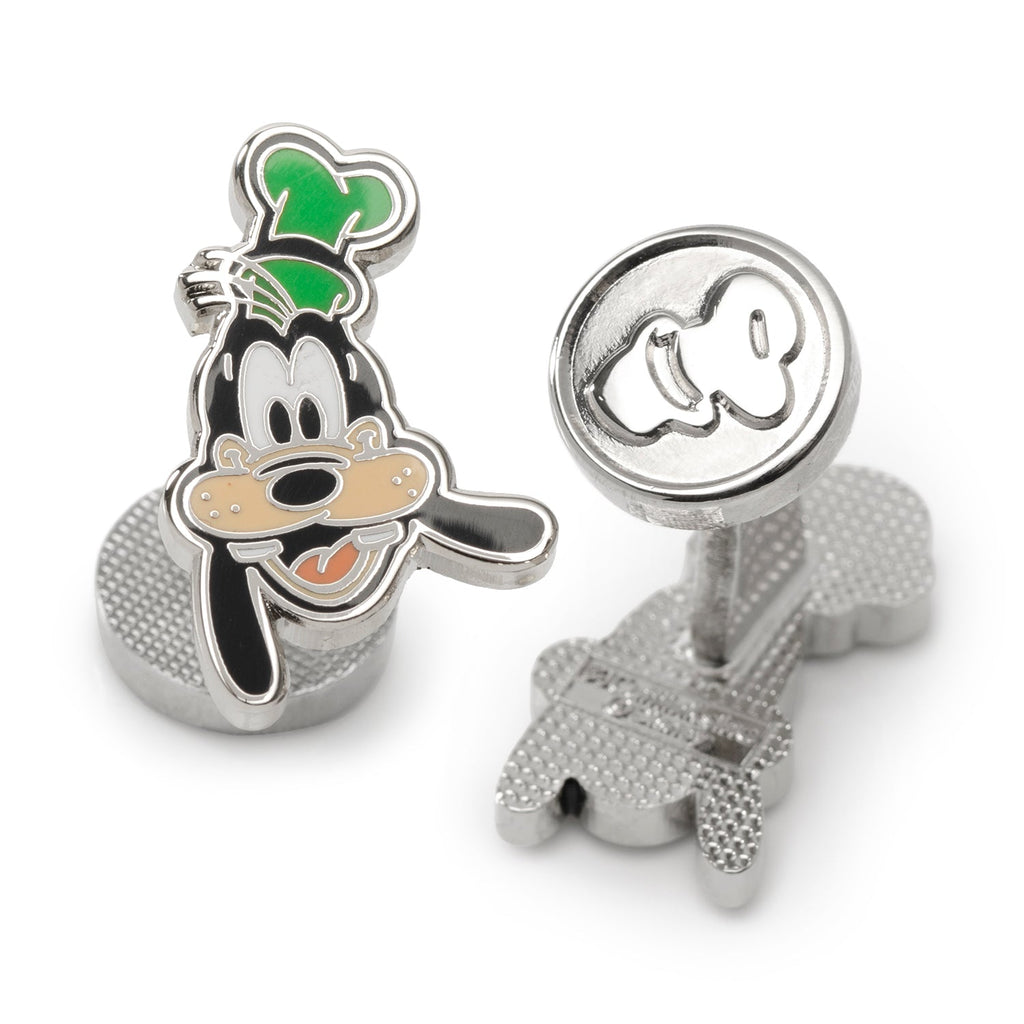 A pair of Disney Goofy character cufflinks featuring vibrant green hats and detailed face portraits, shown with silver-plated backing.