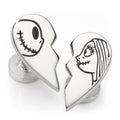 Silver-tone heart-shaped cufflinks featuring Jack Skellington on one side and Sally on the other, designed to interlock.