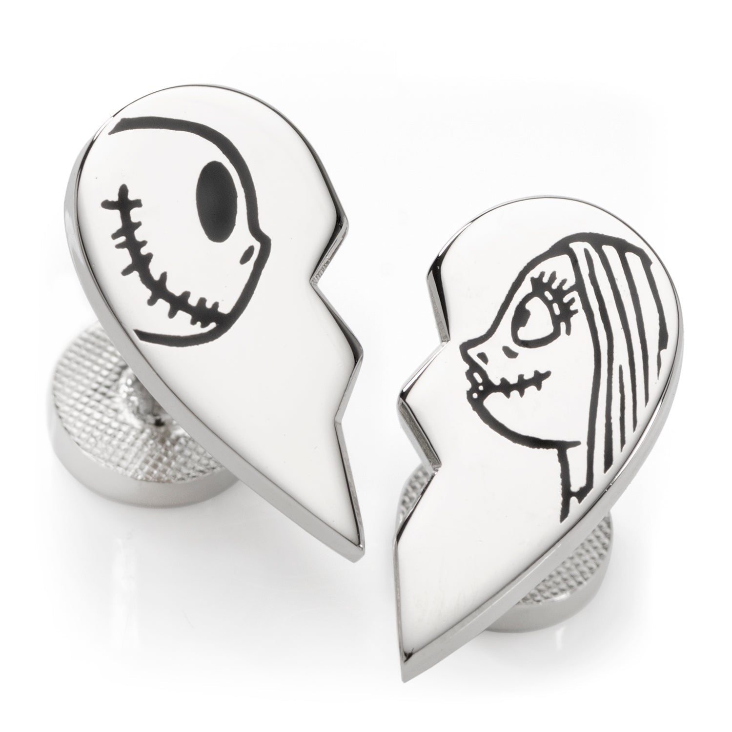 Silver-tone heart-shaped cufflinks featuring Jack Skellington on one side and Sally on the other, designed to interlock.