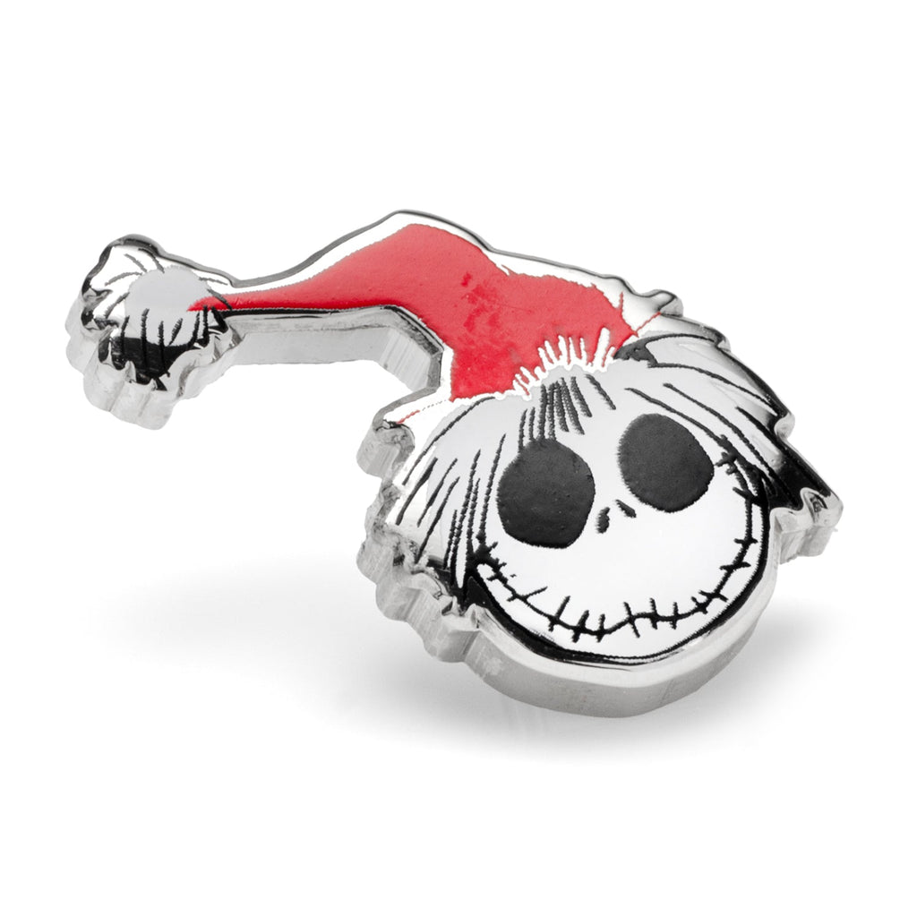Disney Nightmare Before Christmas Jack Skellington wearing a Santa hat, presented as a silver-toned lapel pin.