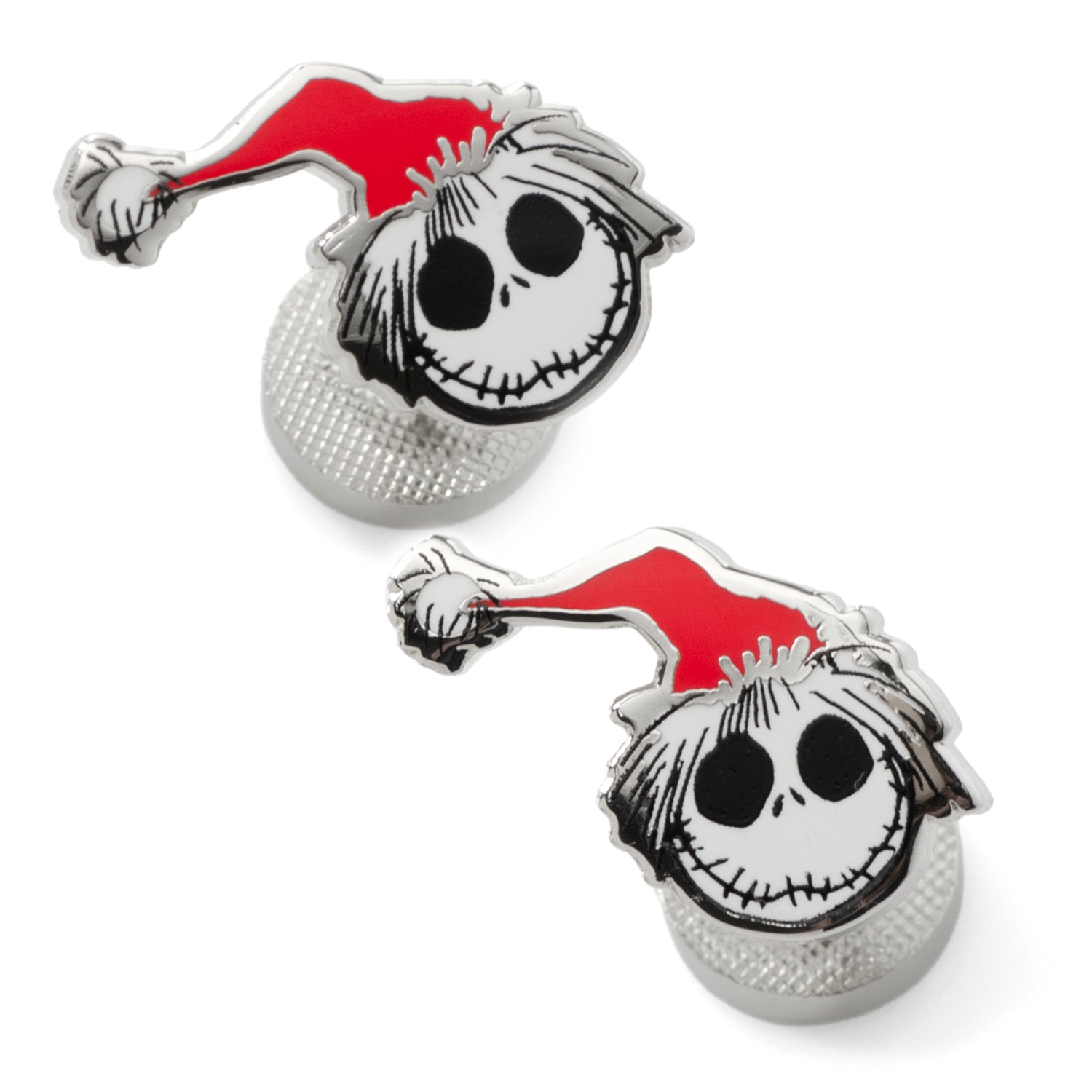 A pair of Nightmare Before Christmas cufflinks featuring Jack Skellington wearing a red and white Santa hat.