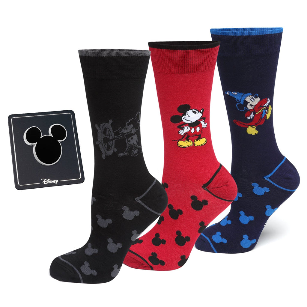 Mickey Mouse 90th Anniversary gift set featuring three pairs of themed socks and a black Mickey silhouette lapel pin.
