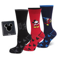 Mickey Mouse 90th Anniversary gift set featuring three pairs of themed socks and a black Mickey silhouette lapel pin.