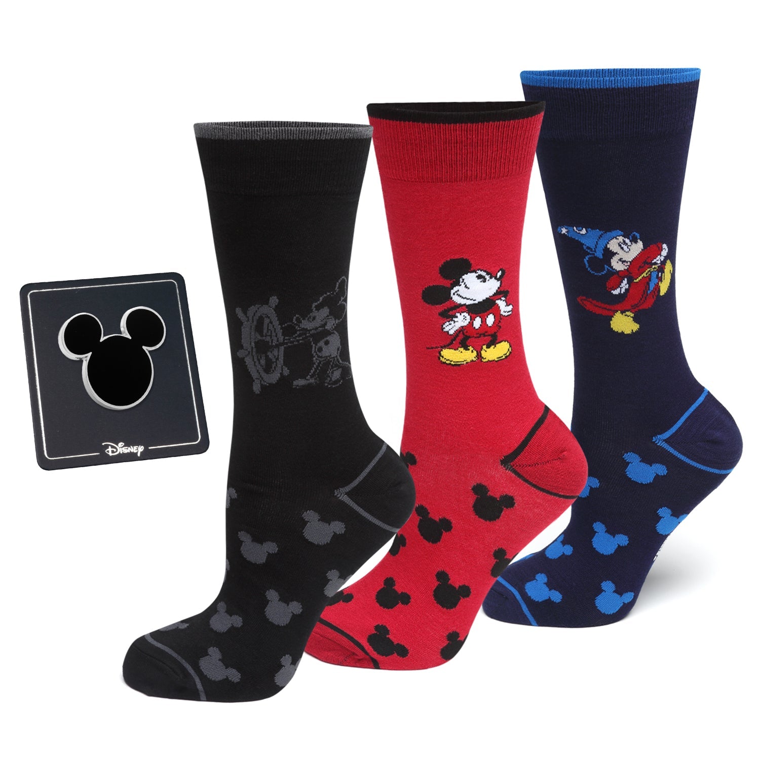 Mickey Mouse 90th Anniversary gift set featuring three pairs of themed socks and a black Mickey silhouette lapel pin.
