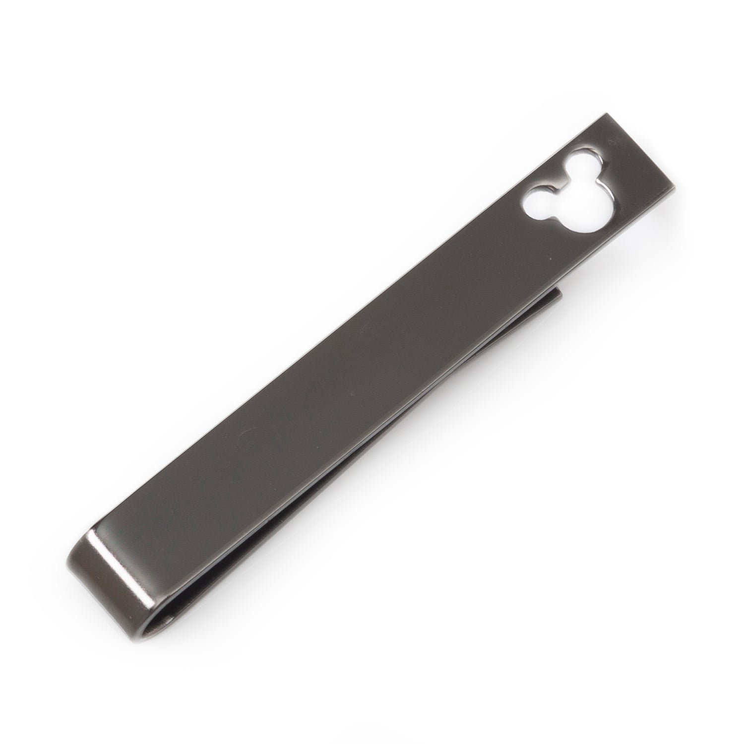 A black metal tie bar with a small Mickey Mouse icon cutout on the right end shown on a plain background and also clipped onto a red and black Mickey pattern necktie.