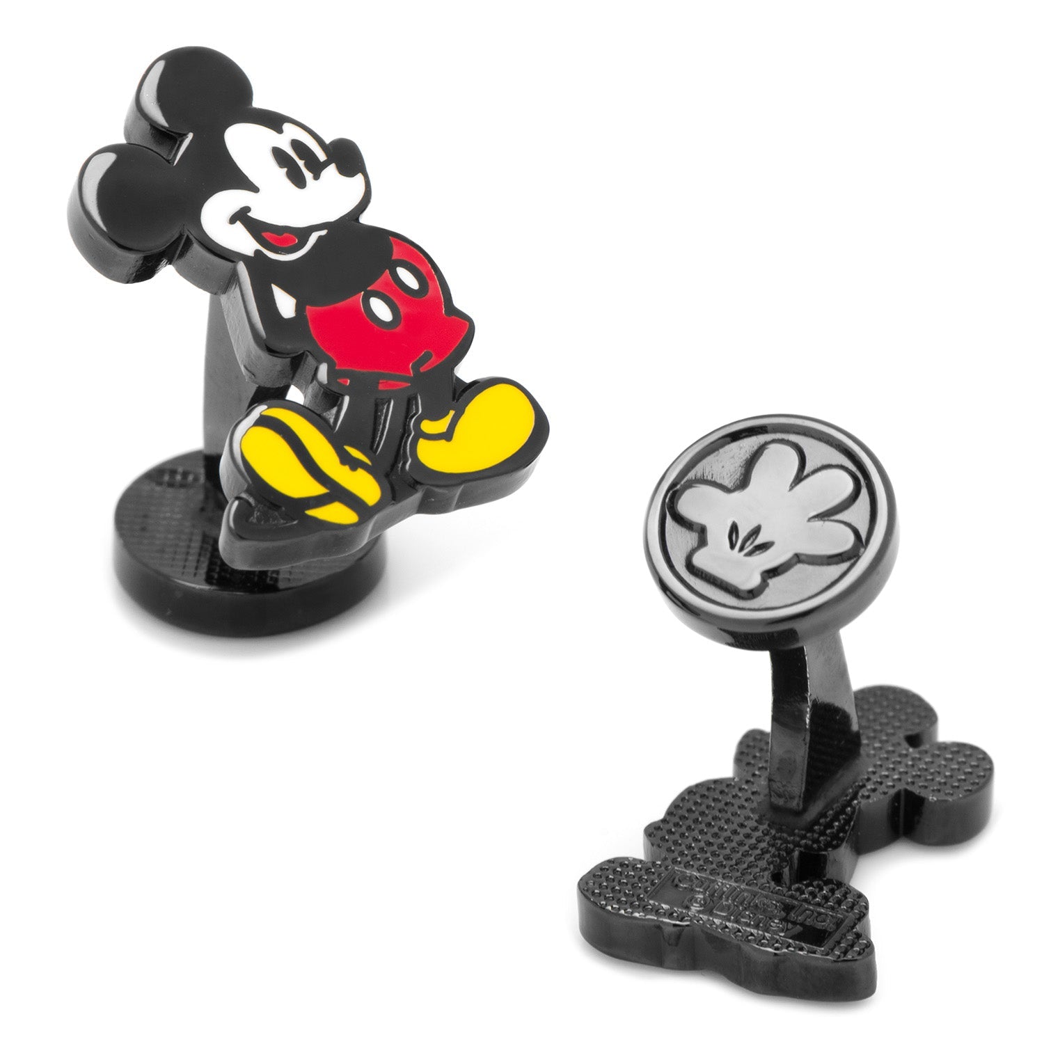 A pair of black plated cufflinks featuring the original Mickey Mouse character in full color.