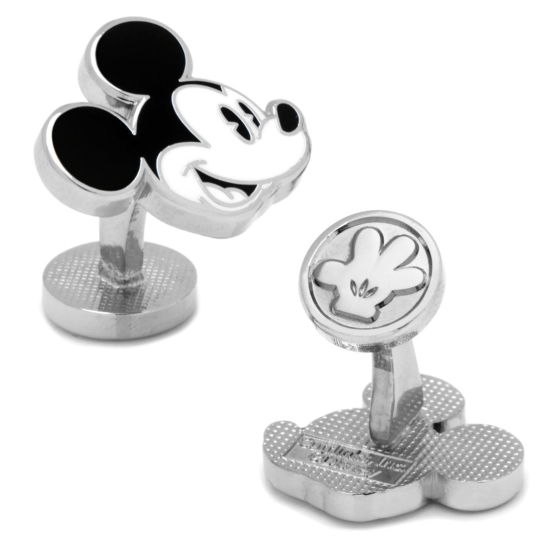 Close up view of Disney Mickey Mouse face cufflinks in silver tone with black and white enamel detail