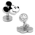 Close up view of Disney Mickey Mouse face cufflinks in silver tone with black and white enamel detail