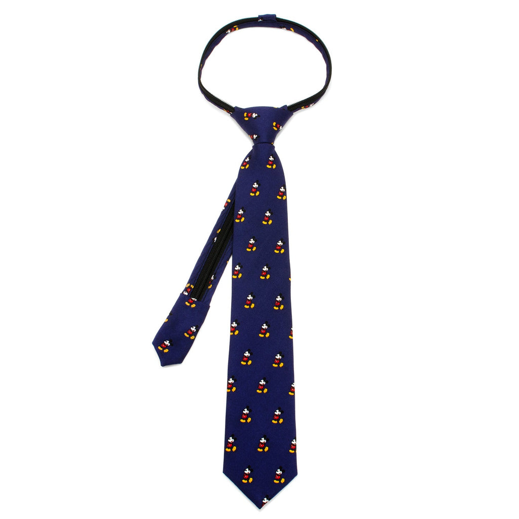 A navy blue boys' zipper necktie featuring a repeating print of Mickey Mouse in his classic red and yellow outfit.