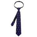 A navy blue boys' zipper necktie featuring a repeating print of Mickey Mouse in his classic red and yellow outfit.