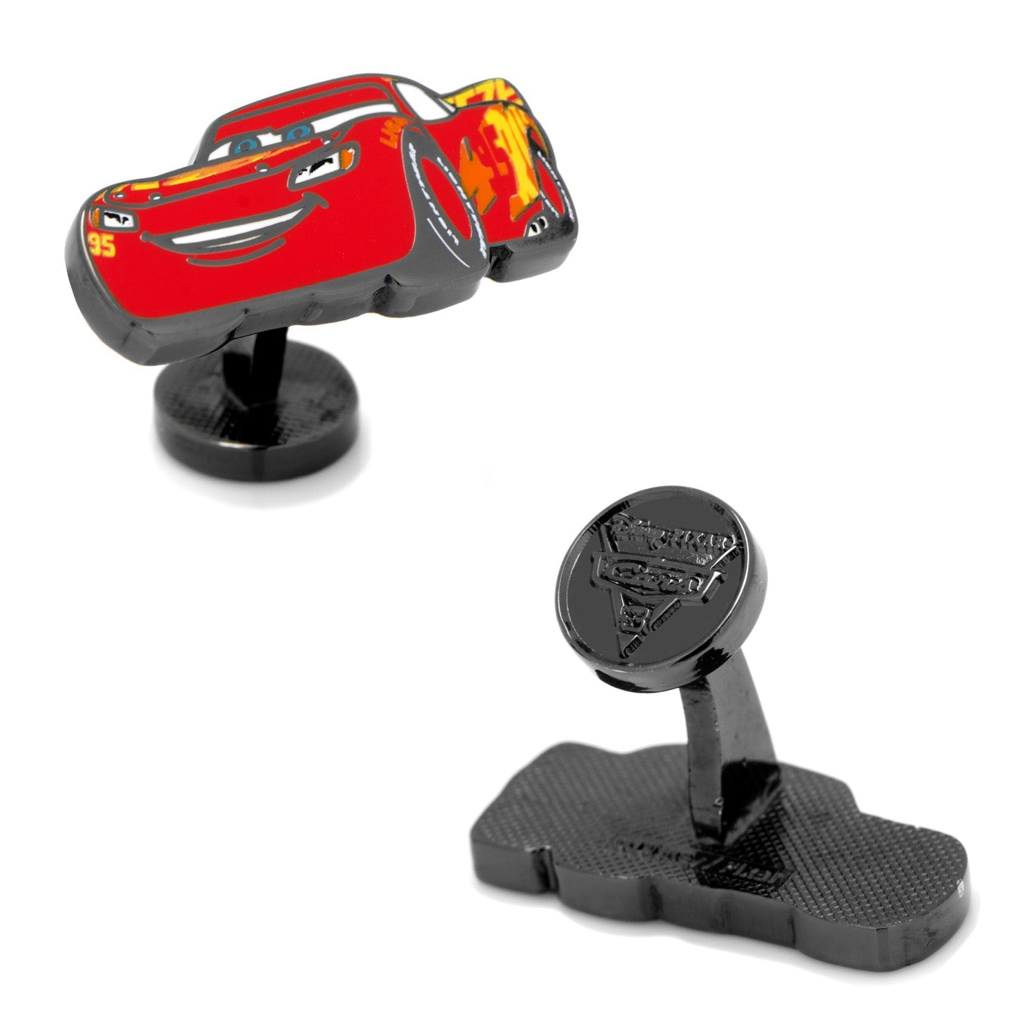 A pair of Disney Pixar Cars Lightning McQueen cufflinks featuring bright red and yellow enamel paint and the number 95.