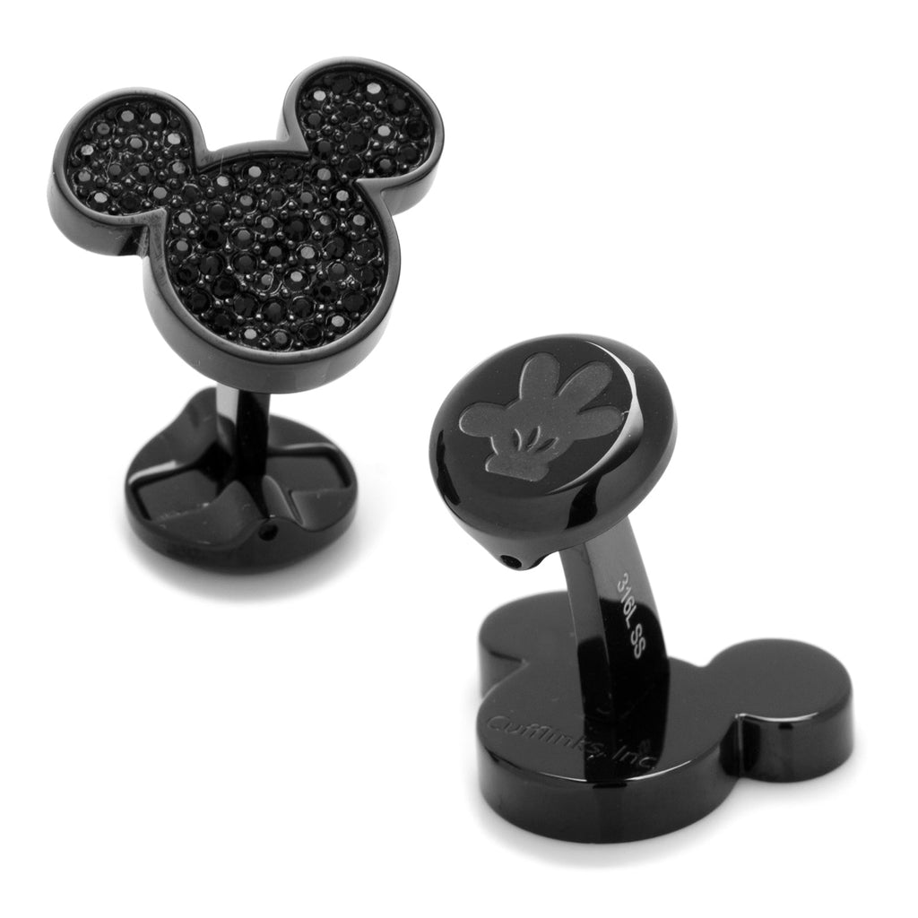 Disney Mickey Mouse shaped cufflinks with black pave crystals and stainless steel finish.