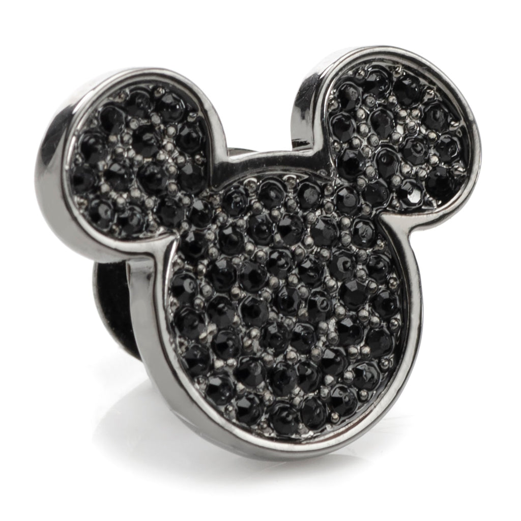 Close-up of a black stainless steel Mickey Mouse head silhouette lapel pin covered in black pave crystals.