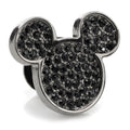 Close-up of a black stainless steel Mickey Mouse head silhouette lapel pin covered in black pave crystals.