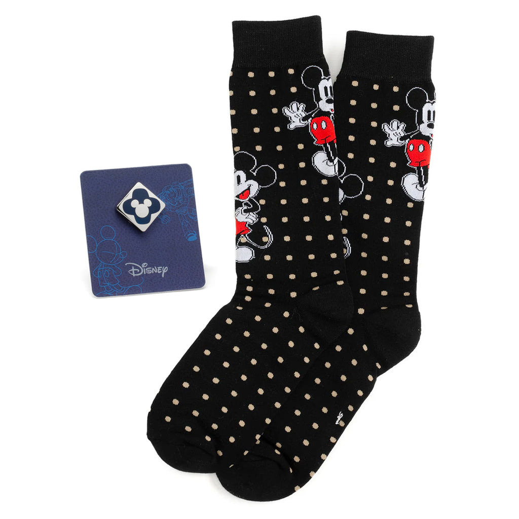Disney Mickey Mouse gift set including black socks with white dots and a blue enamel Mickey Mouse lapel pin.