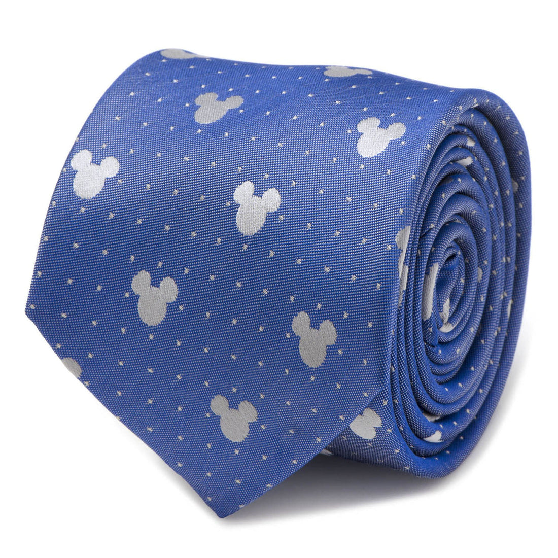 A rolled blue silk tie featuring a white Mickey Mouse icon and pin dot pattern.