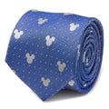 A rolled blue silk tie featuring a white Mickey Mouse icon and pin dot pattern.