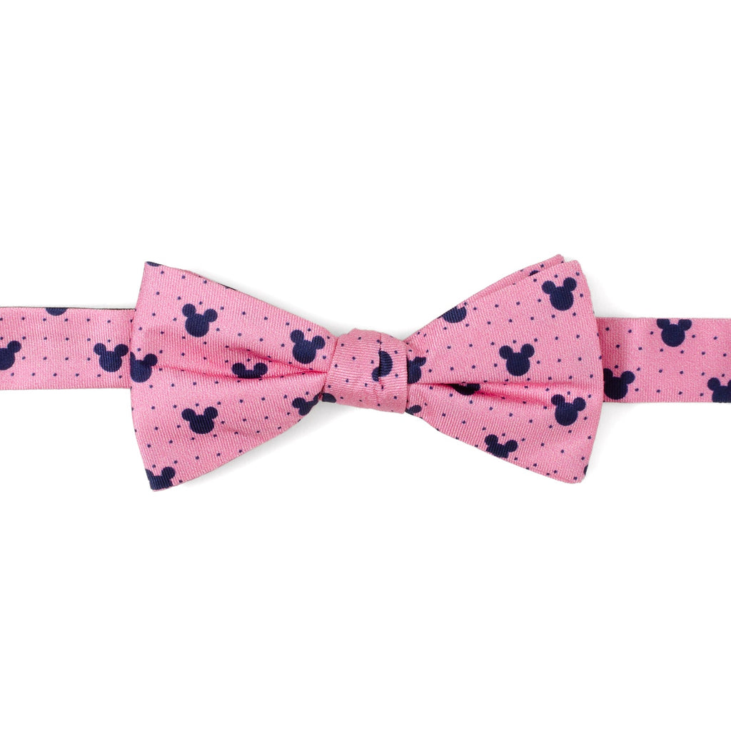 Pre-tied pink silk bow tie with navy blue Mickey Mouse icons and dots