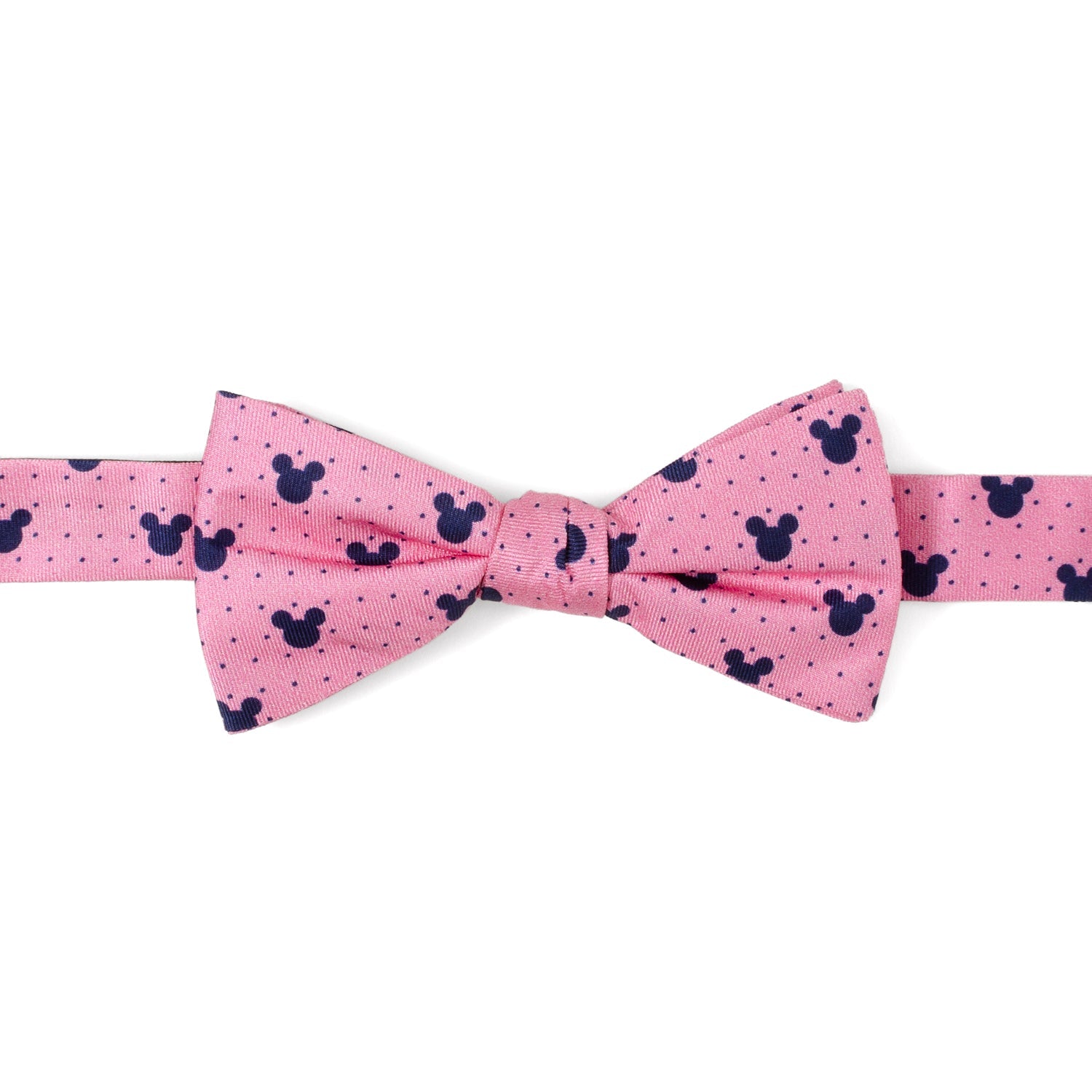 Pre-tied pink silk bow tie with navy blue Mickey Mouse icons and dots