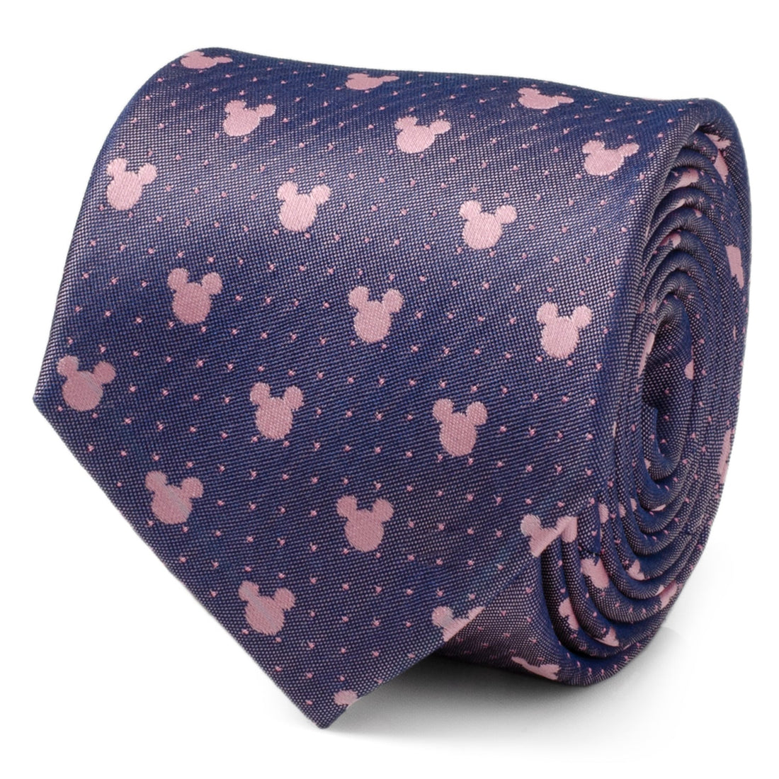 A rolled up purple silk necktie with a repeating pattern of small pink Mickey Mouse heads and dots