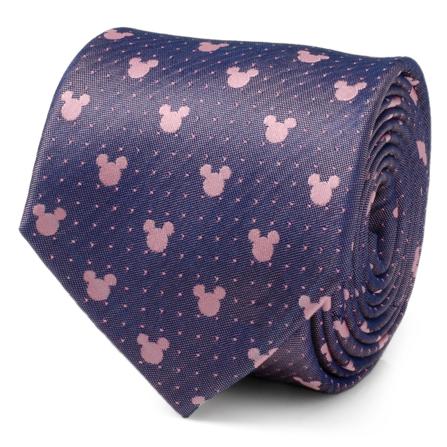 A rolled up purple silk necktie with a repeating pattern of small pink Mickey Mouse heads and dots