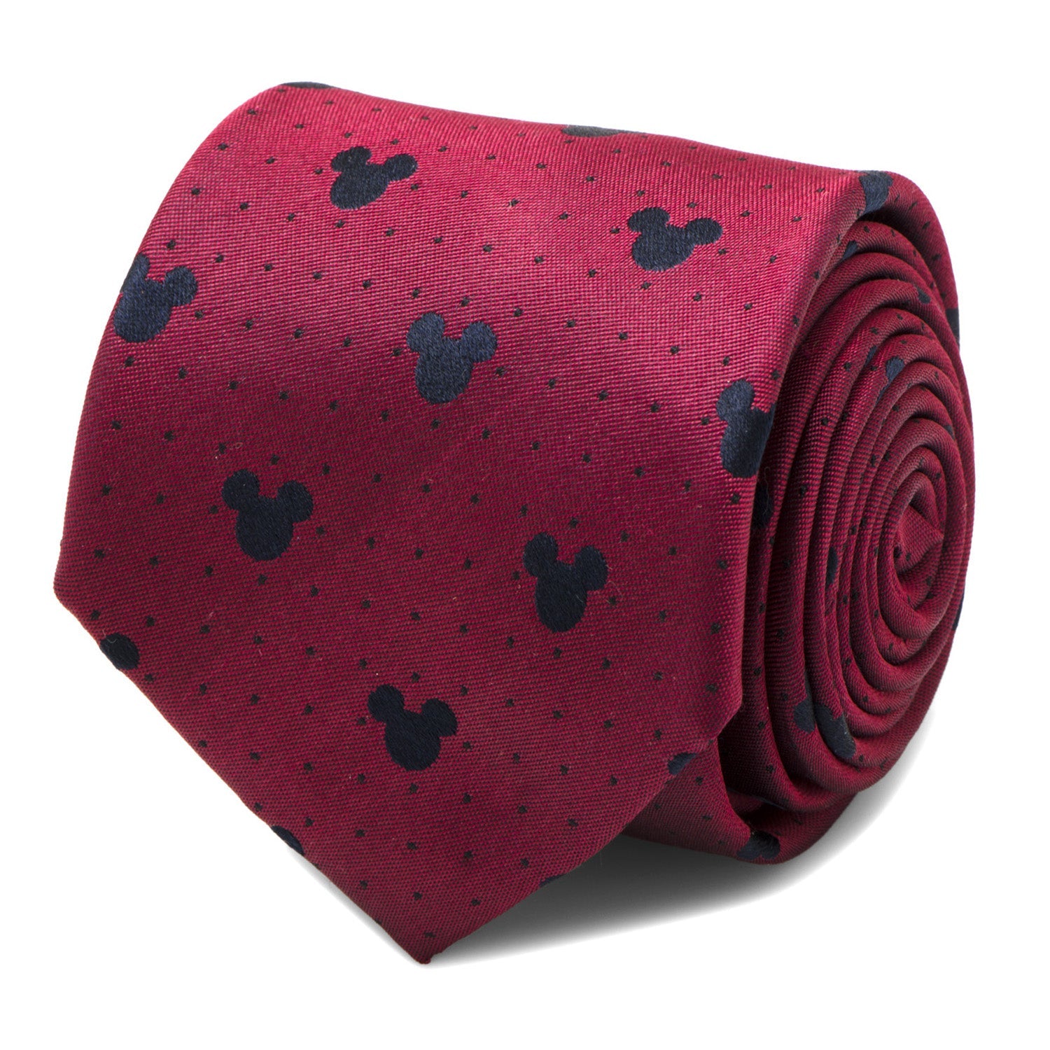 Close up of a deep red silk necktie featuring a dark pin dot pattern and small Mickey Mouse head icons