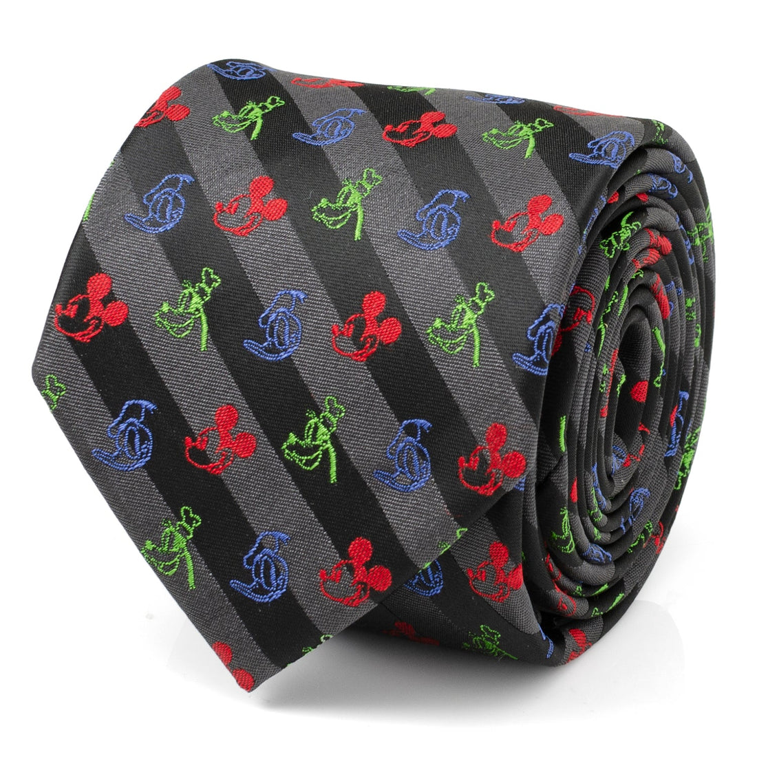 Close up and studio view of a black and grey striped men's necktie featuring small embroidered Disney character icons in red, blue, and green.