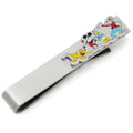 Silver tone tie bar featuring colorful printed illustrations of Mickey Mouse, Goofy, Donald Duck, and Pluto.