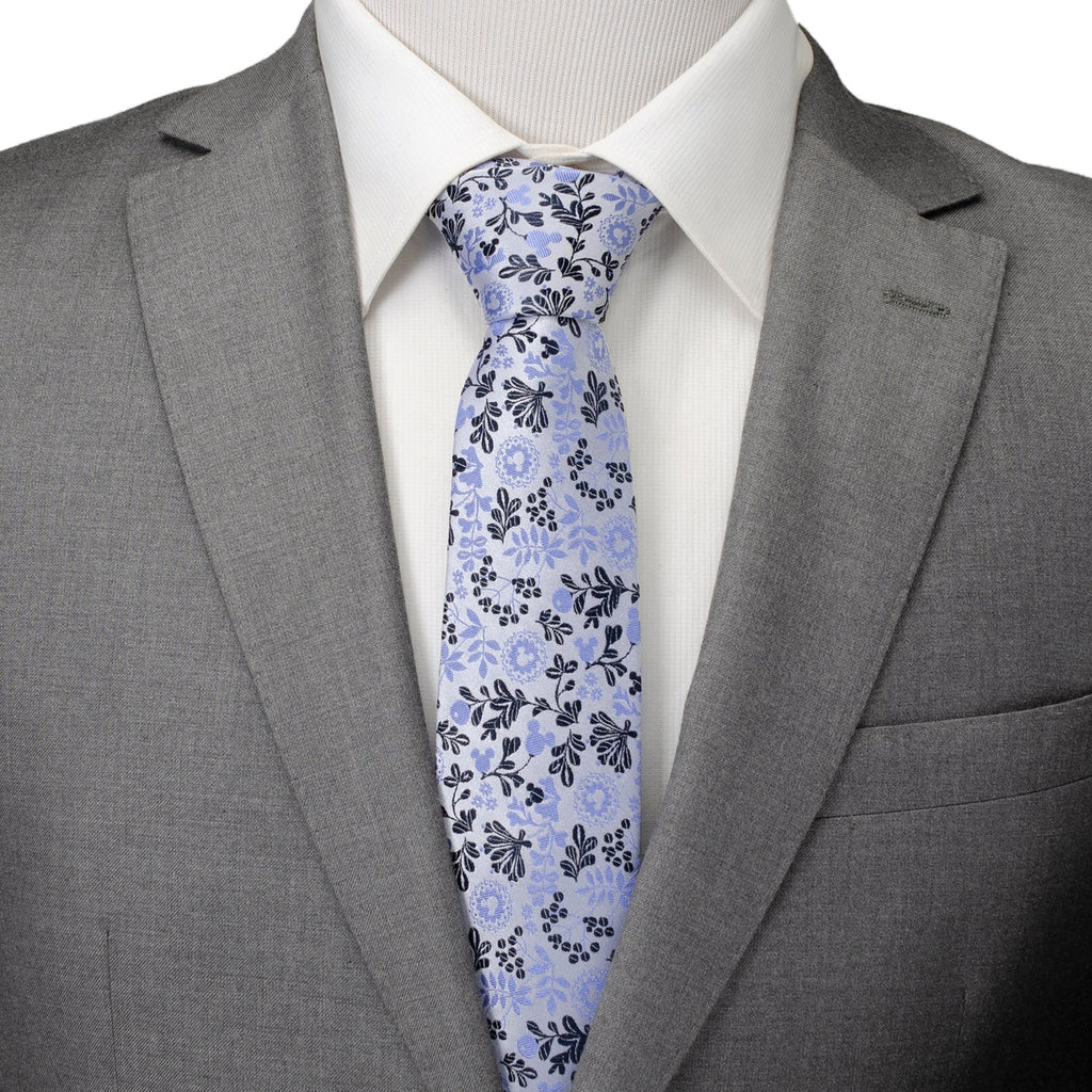 Disney Mickey Mouse Floral Pattern Silk Tie in Blue and White - Image 2