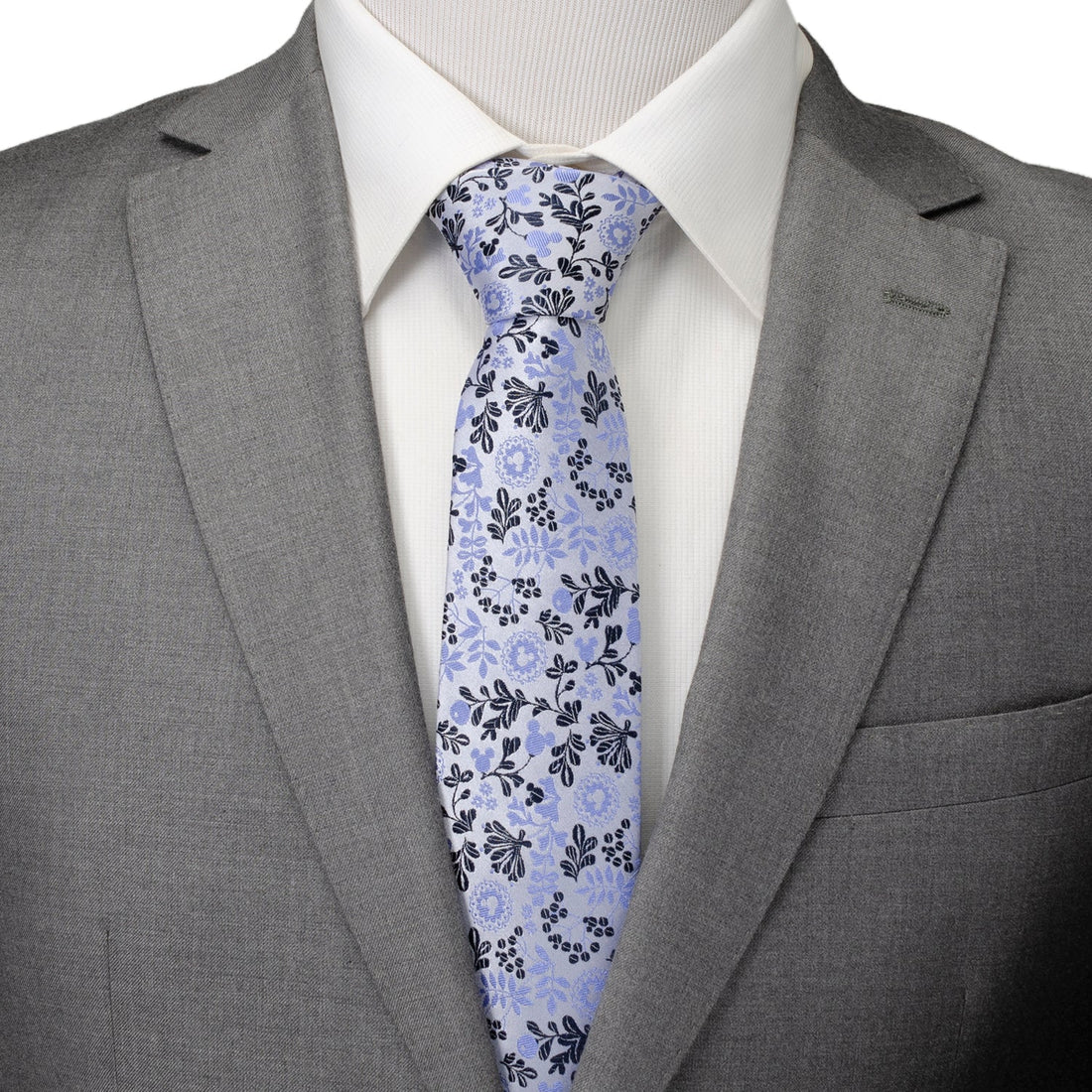 Disney Mickey Mouse Floral Pattern Silk Tie in Blue and White - Image 2