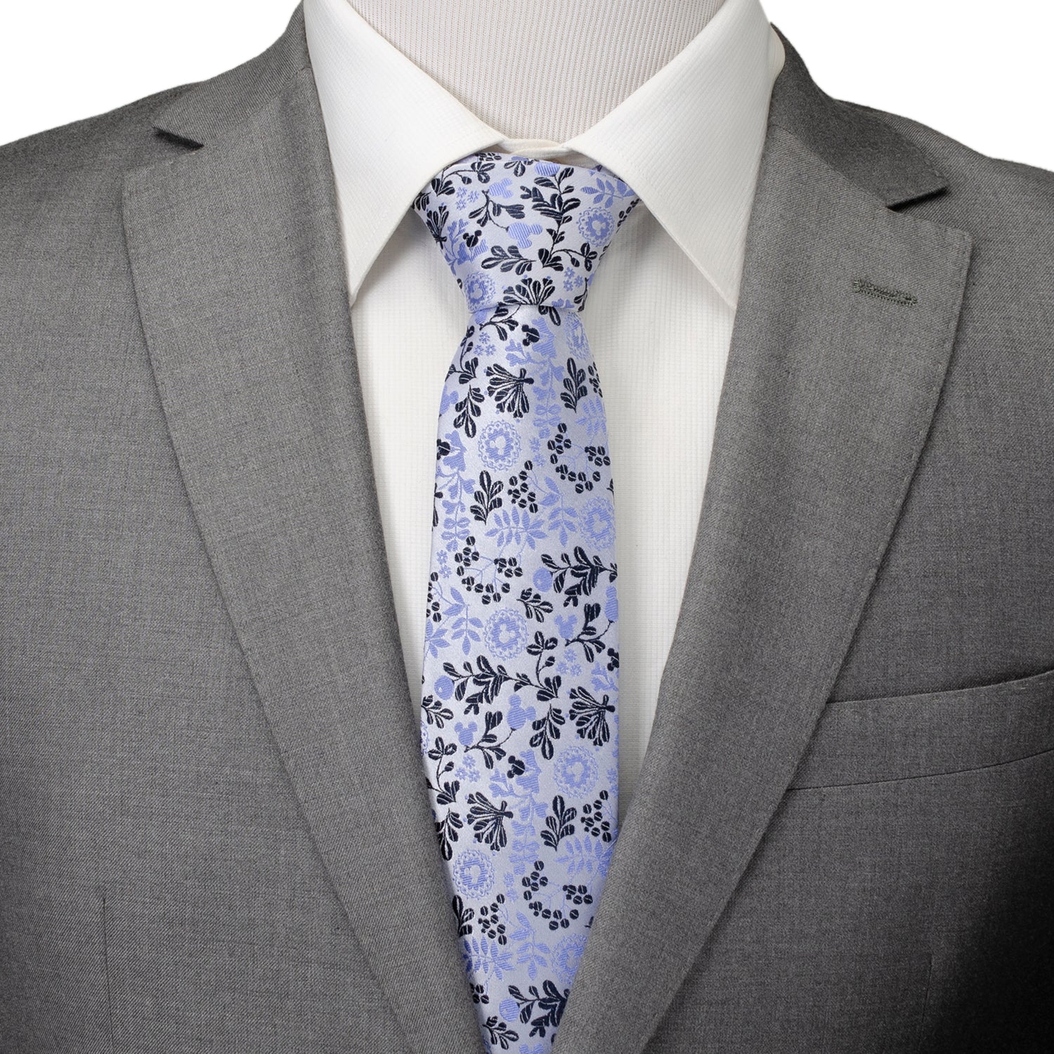 Disney Mickey Mouse Floral Pattern Silk Tie in Blue and White - Image 2