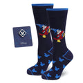 A navy blue gift set featuring Disney Fantasia Mickey Mouse patterned socks and a matching Mickey Mouse enamel lapel pin.