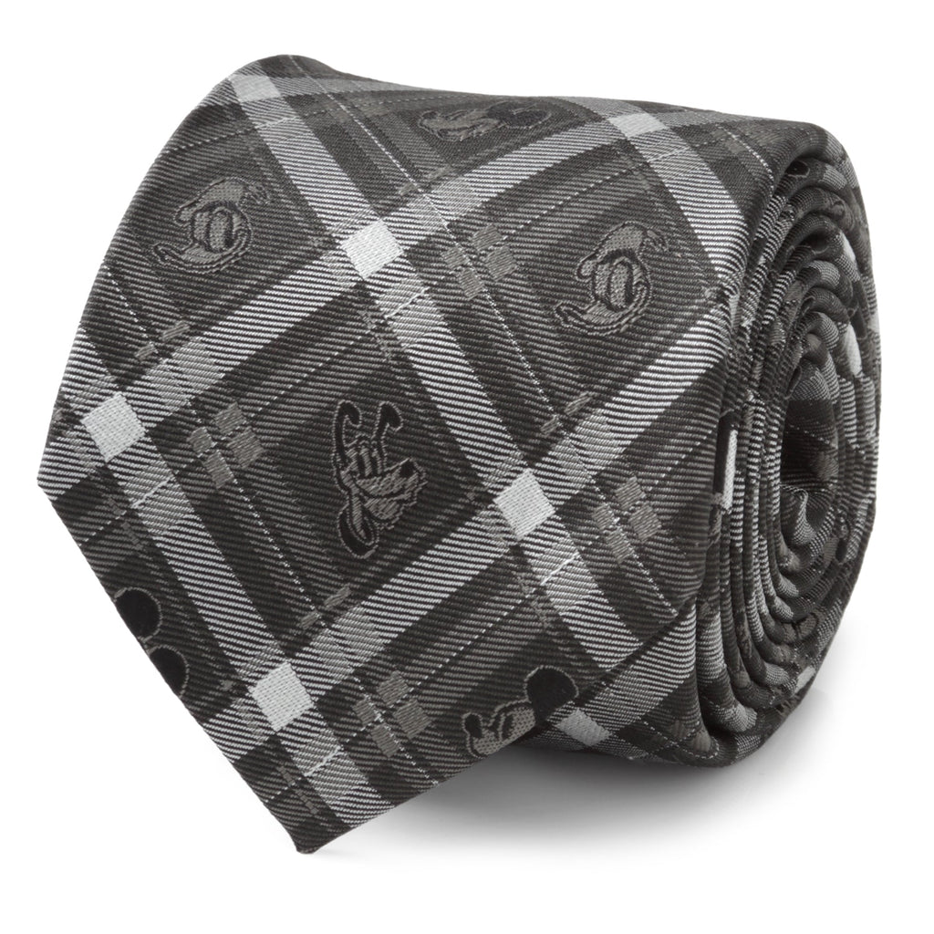 Close up of a Disney Mickey and Friends charcoal plaid necktie on a white background