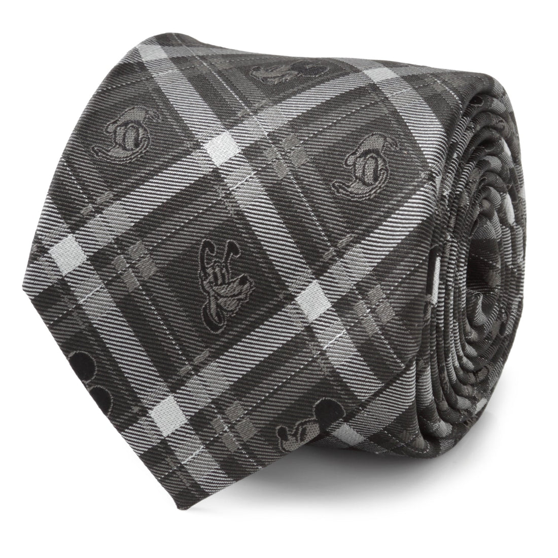 Close up of a Disney Mickey and Friends charcoal plaid necktie on a white background