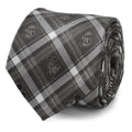 Close up of a Disney Mickey and Friends charcoal plaid necktie on a white background