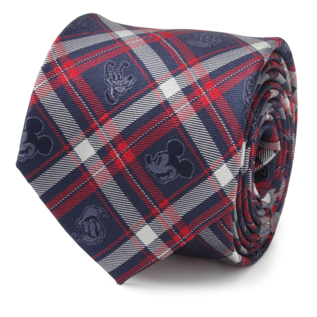 Close up of a Navy plaid men's tie featuring woven Mickey Mouse, Pluto, and Donald Duck character details.