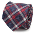 Close up of a Navy plaid men's tie featuring woven Mickey Mouse, Pluto, and Donald Duck character details.
